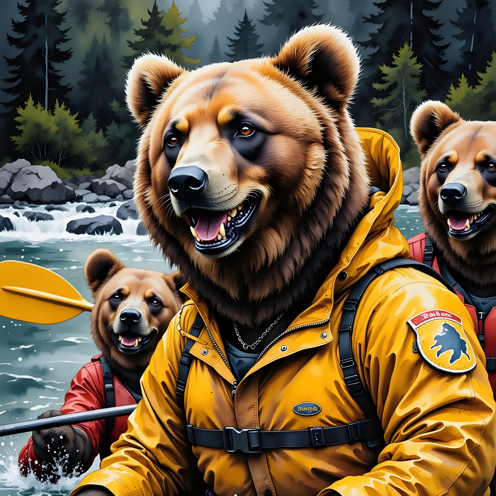 A Smiling Grizzly Bear in a Bright Yellow Raincoat Rafts Dow...