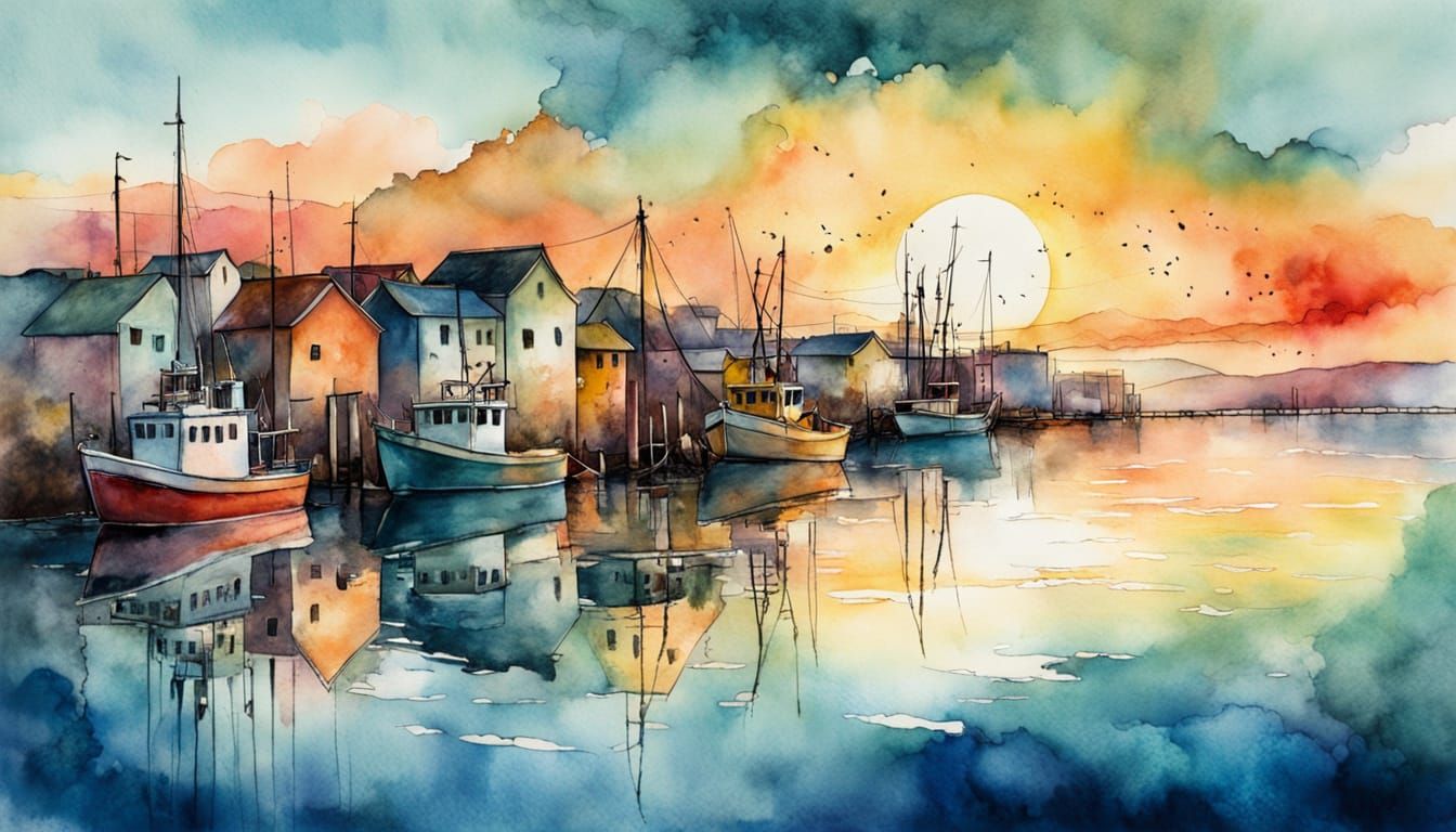 Watercolor Sunrise Over Peaceful Fishing Harbour