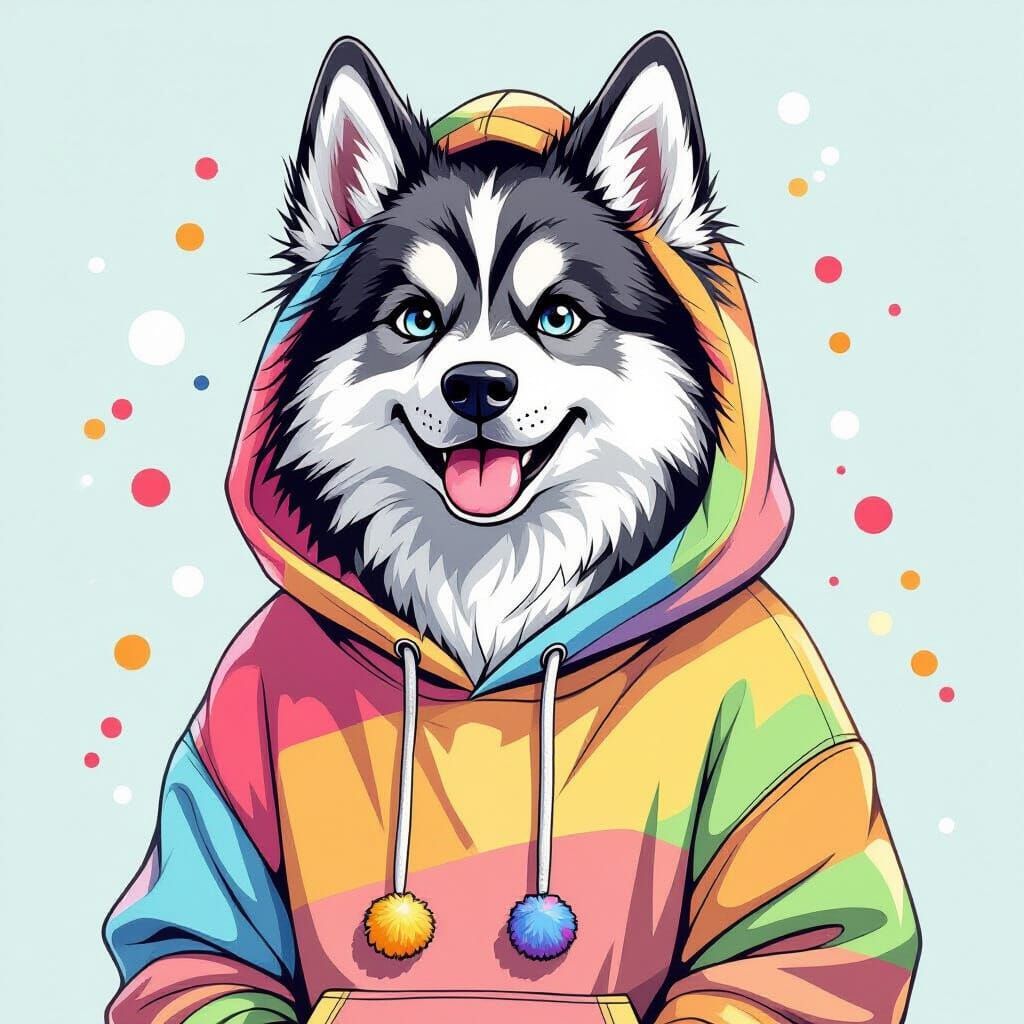 Anime Alaskan Malamute in Hoodie with Pom-poms