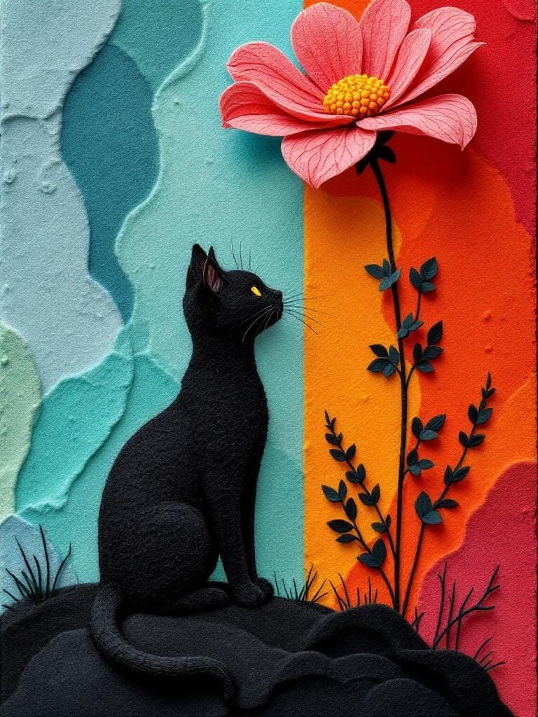 Cat Under Flower in Fiber Craft Style