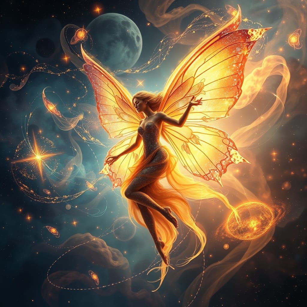 Celestial Fairy with Galaxy Wings in Art Nouveau Style