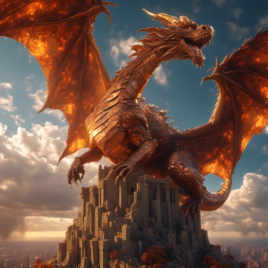 Copper Dragon Ascends from Ruined Tower