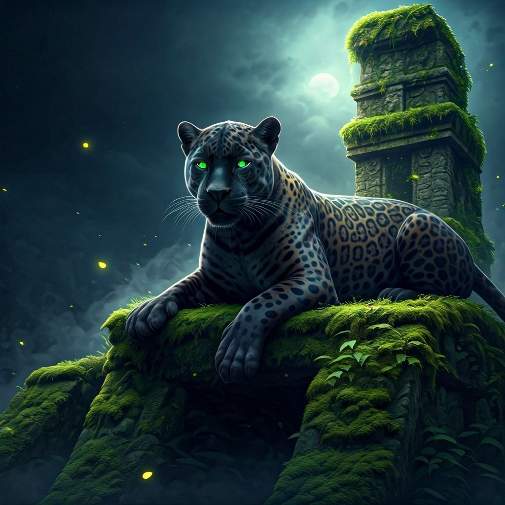 Jaguar on Ancient Ruins at Twilight