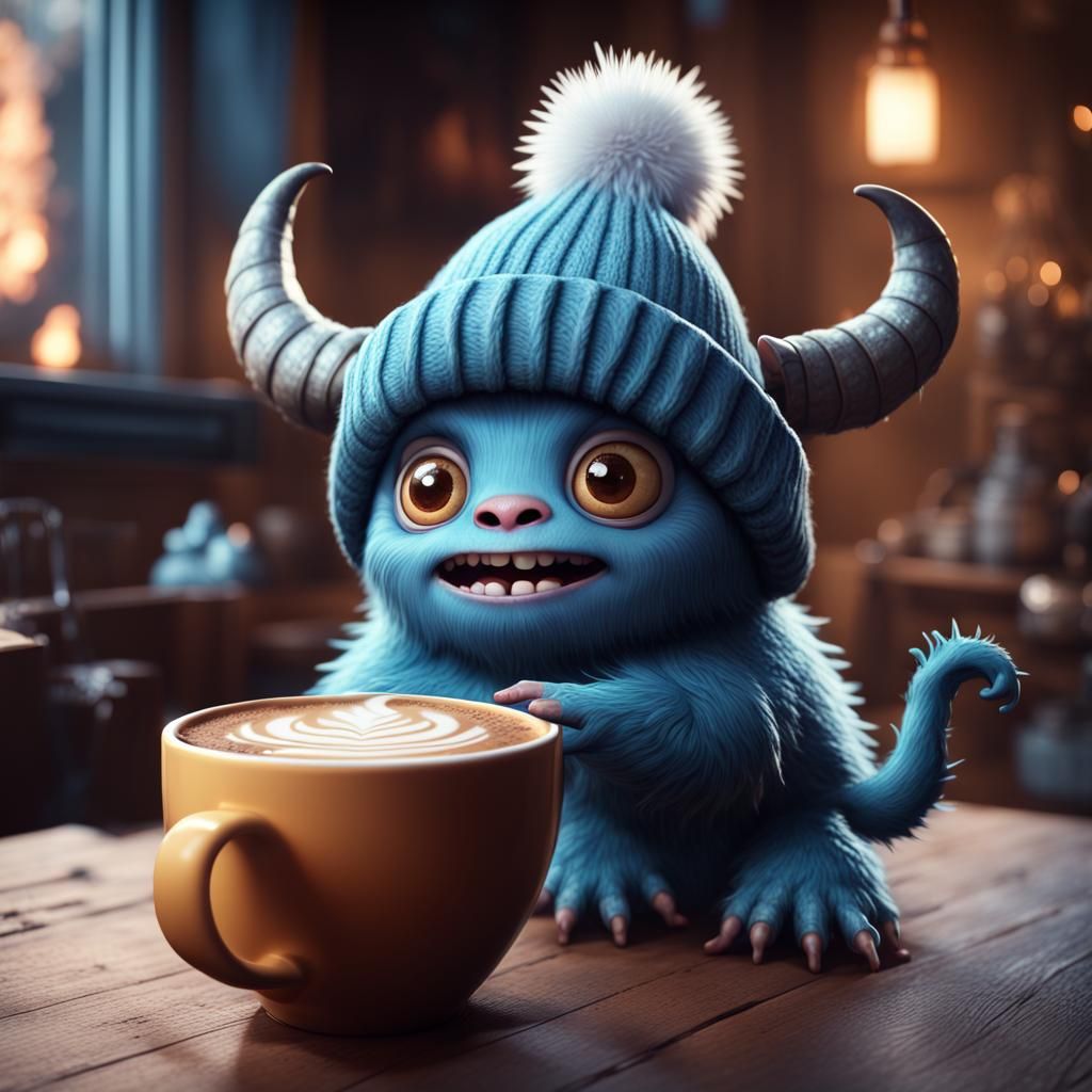 Cute Monster with Coffee: Digital Matte Painting