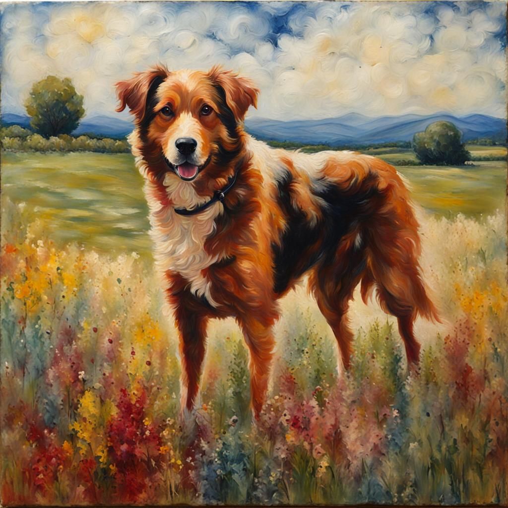 Friendly Farm Dog in Encaustic Style