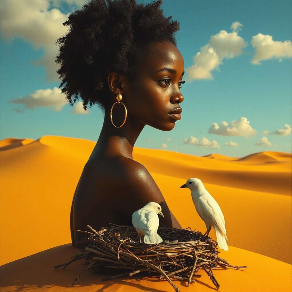 Surreal Horizon: Woman's Face with Bird in Dreamscape