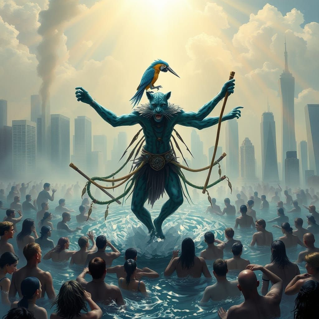 Rain Dancer Shaman in NYC Flood, Dreamlike Scene