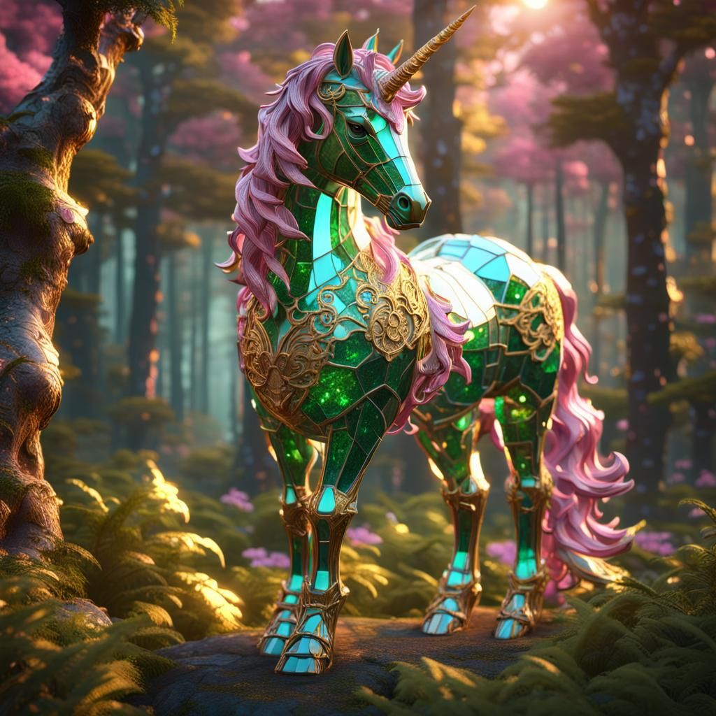 Gold and Emerald Unicorn in Glass Forest
