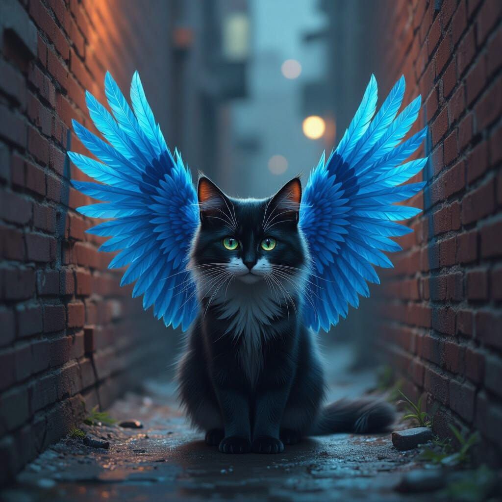 Cat with Blue Jay Wings Hiding in Shadows