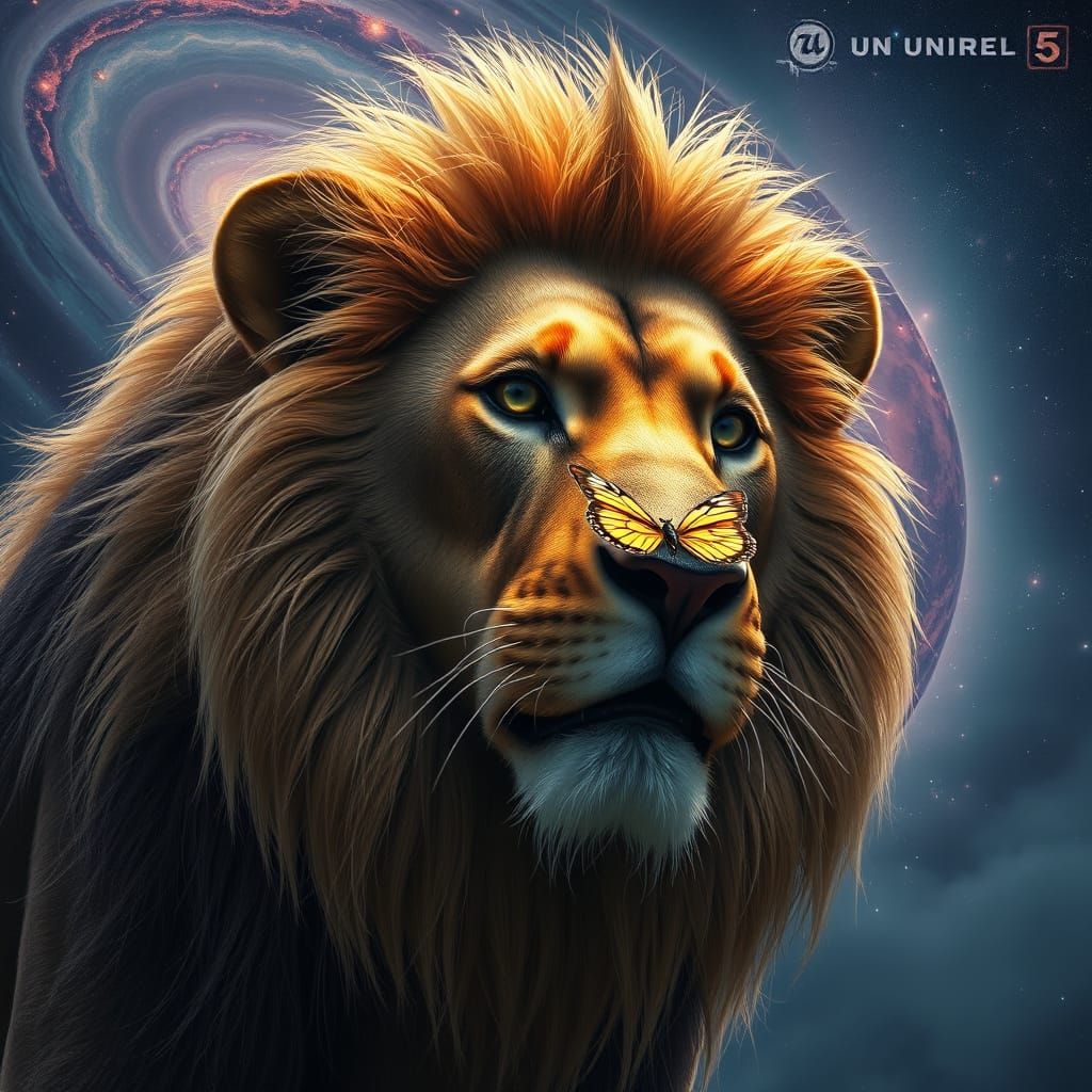 Lion with Stardust Mane and Butterfly, Digital Art