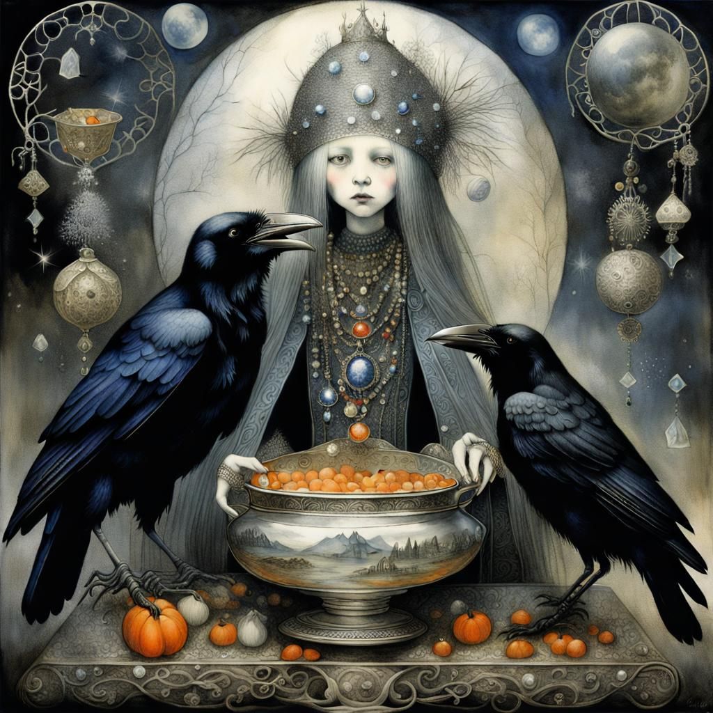Witch Receiving Gifts from Ravens and Crows