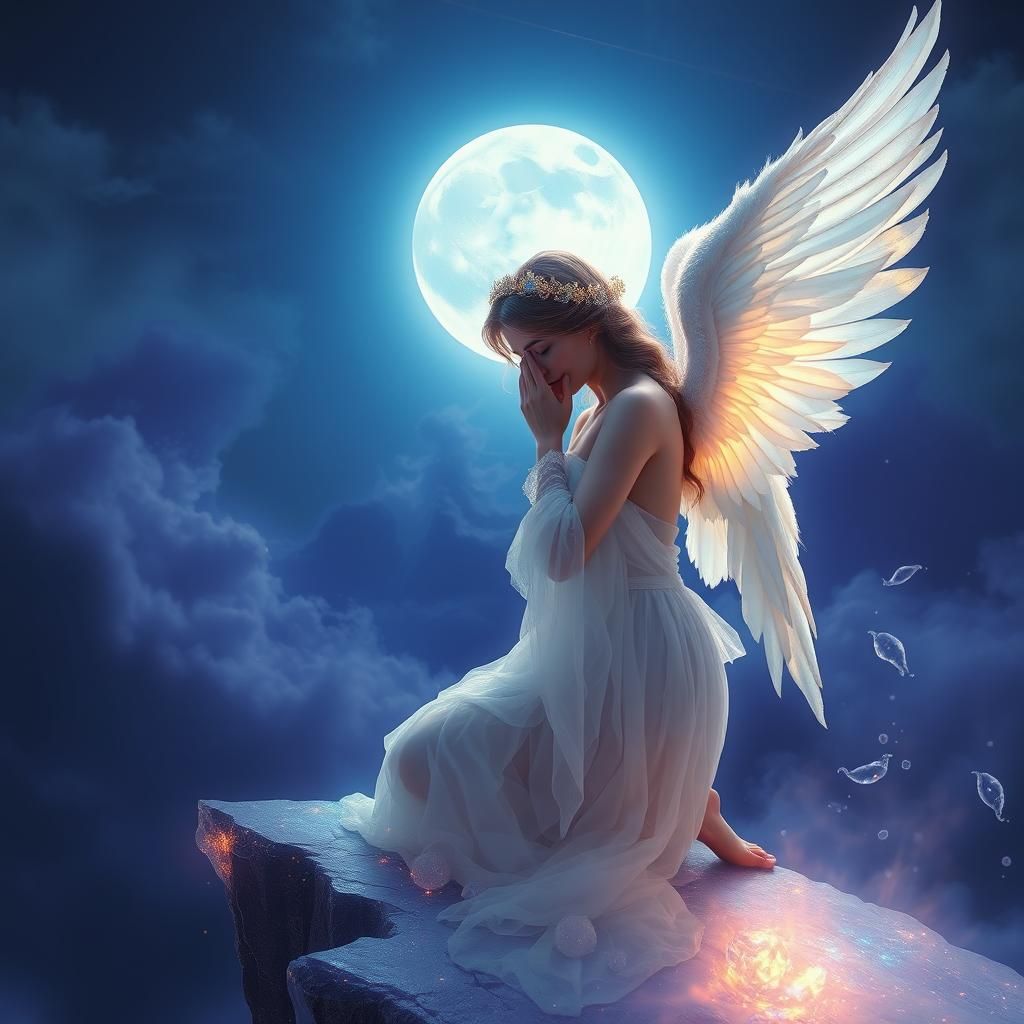 Ethereal Angel Weeping on Moonlit Precipice