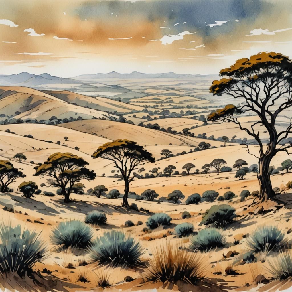 South African Savannah in Pen and Watercolour