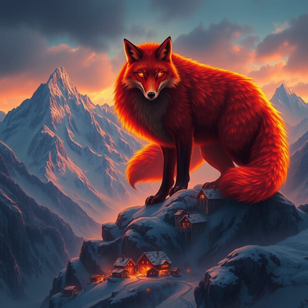 Colossal Fox Over Mountain Villages Digital Matte Painting