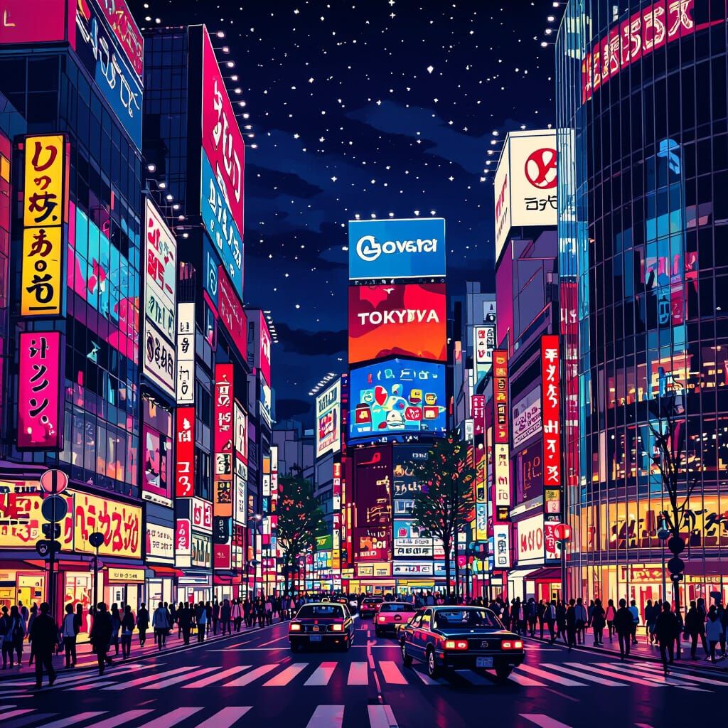 Vibrant Neon City Lights of Shibuya in Neo-Traditional Style