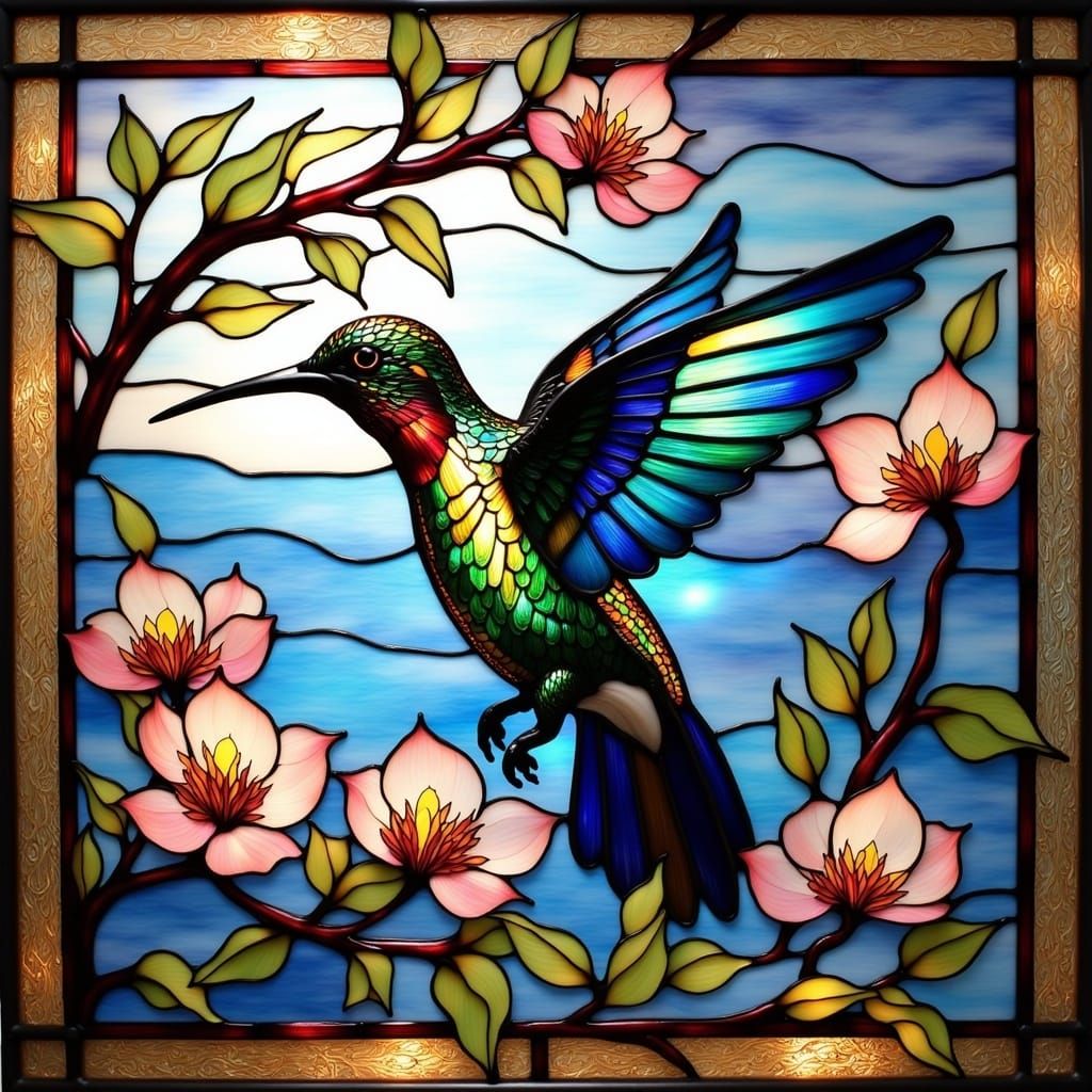 Vibrant Stained Glass Hummingbird Over Cherry Blossoms