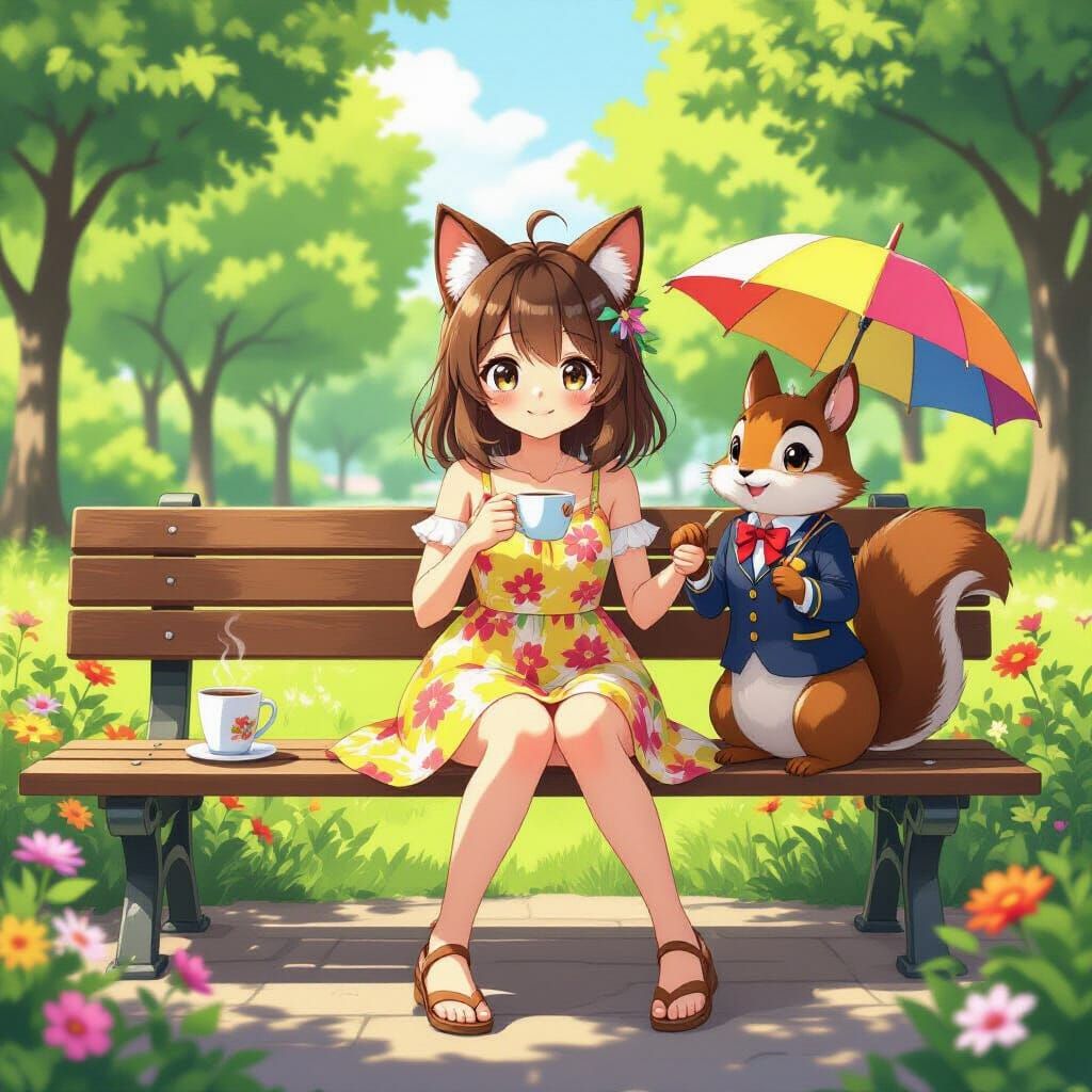 Anime Girl with Cat Ears in Summer Park