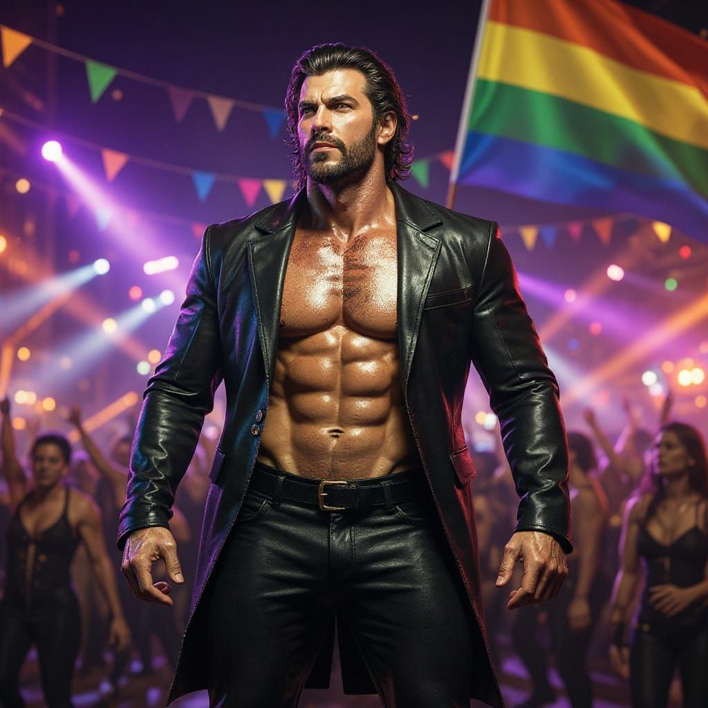 Confident Man in Leather Suit at Pride Parade