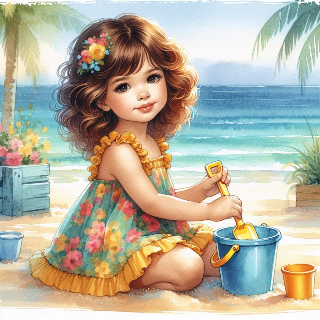 Girl on Beach in Impressionistic Watercolor Style
