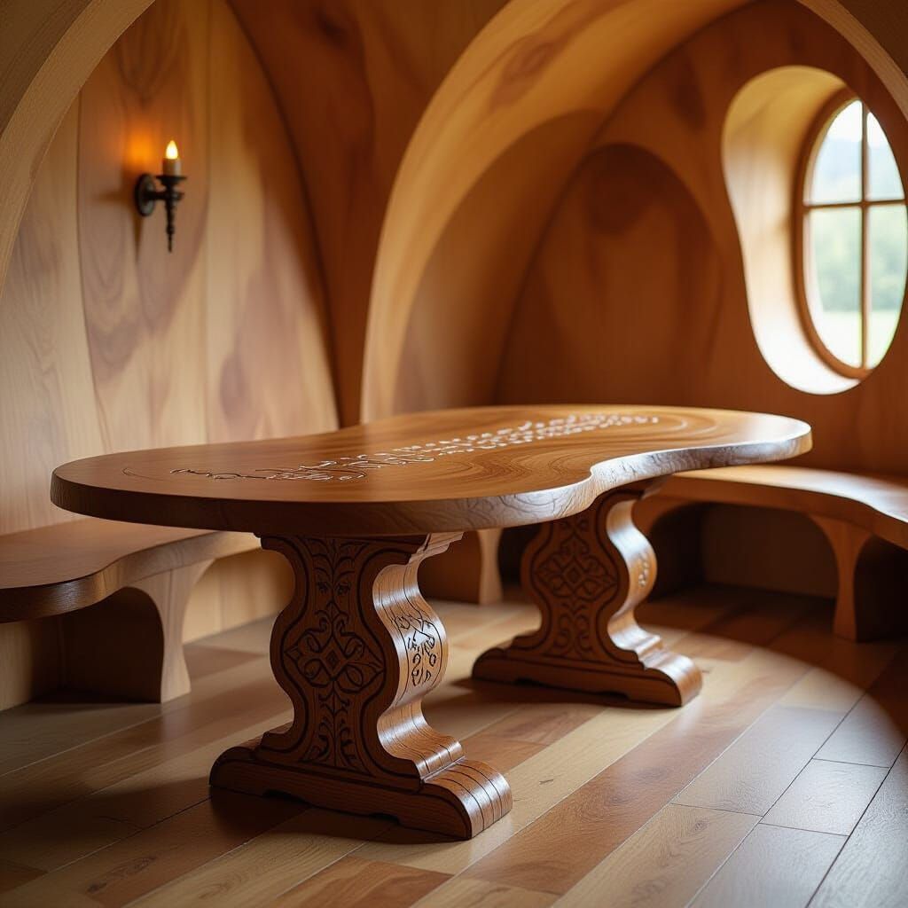 An intricately carved smooth organic-looking wooden table in...