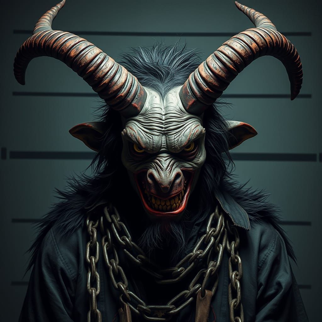 Krampus Mugshot in Grimy, High-Contrast Style