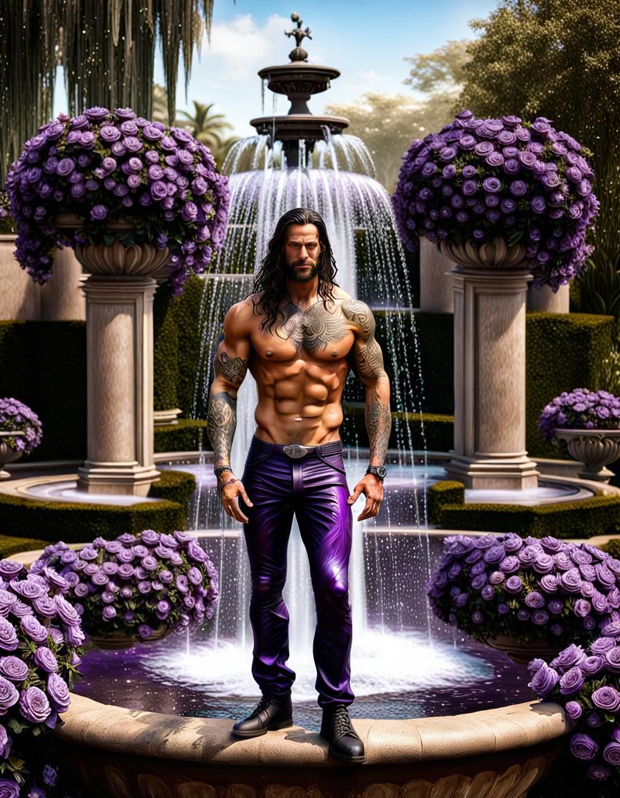 Tattooed Man in Purple Rose Garden, Photorealism