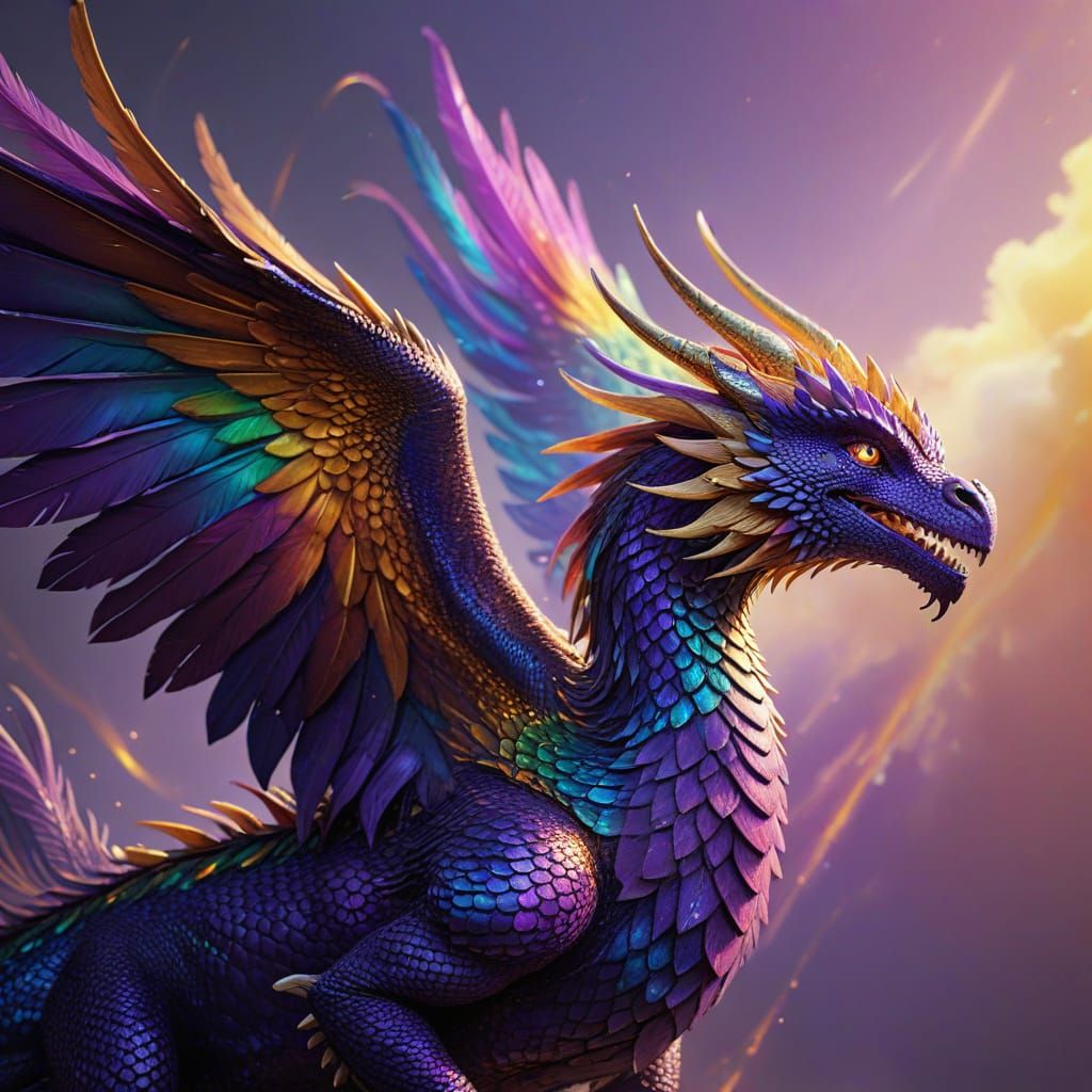 Majestic Purple Dragon and Rainbow Phoenix in Flight