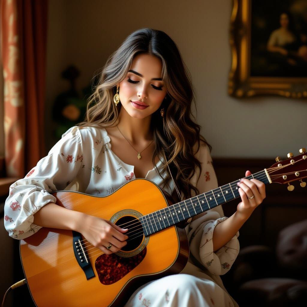 Woman Playing Acoustic Guitar in Vermeer Style