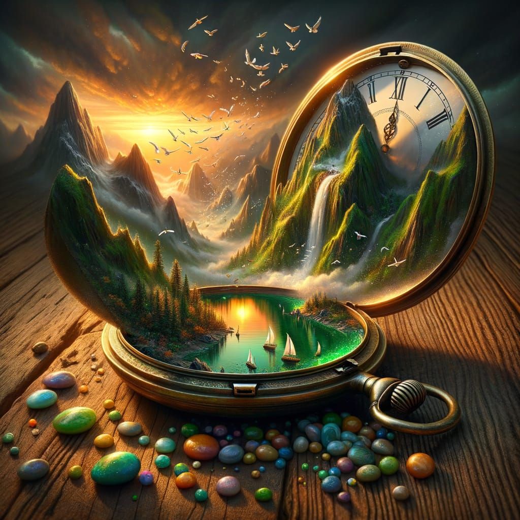 Surreal Pocket Watch Reveals Miniature World at Sunset