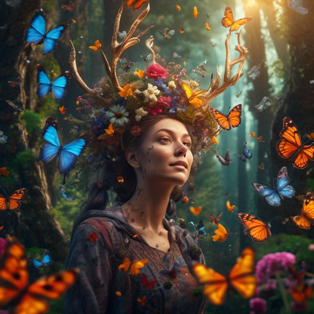 Happy Woman in Forest with Animals