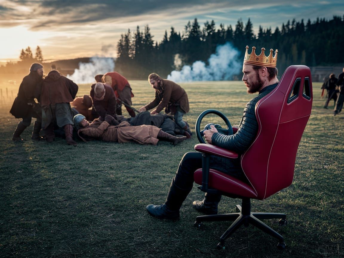King Surveys War-Torn Battlefield from Modern Gaming Chair