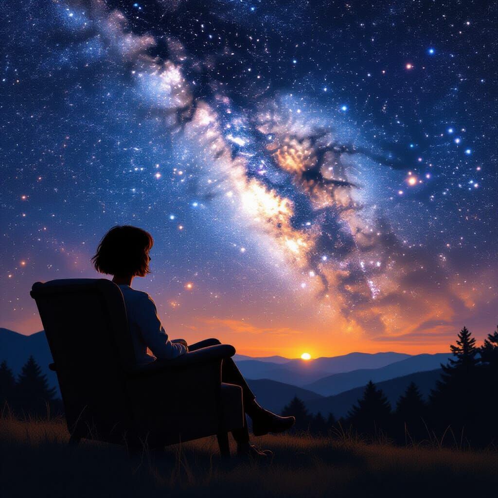 Woman Silhouetted Against Cosmic Nebula Sky