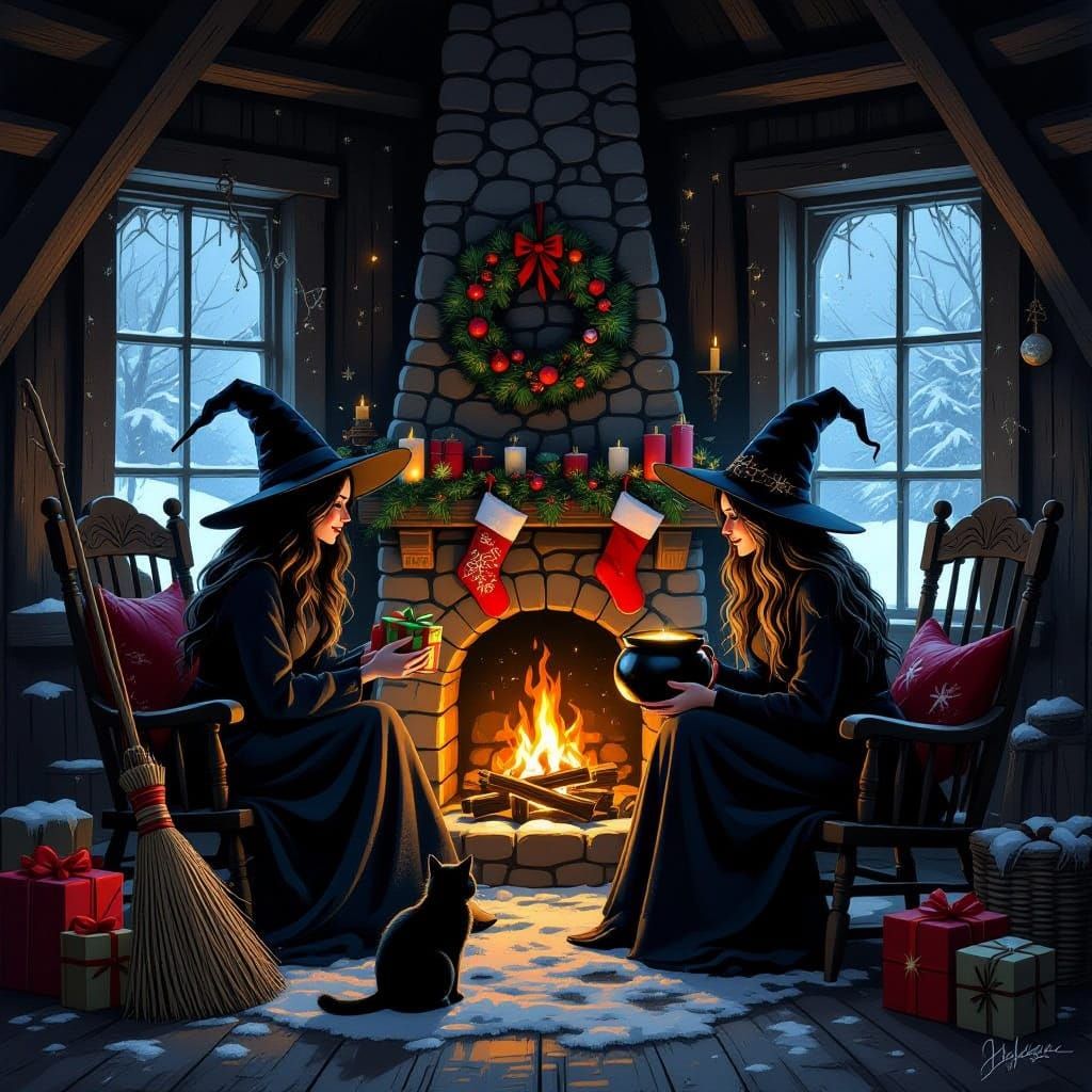 Witches Exchanging Christmas Gifts in Cozy Hut