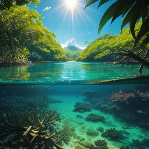 Sailboat Enters Green Lagoon: Photorealistic Concept Art