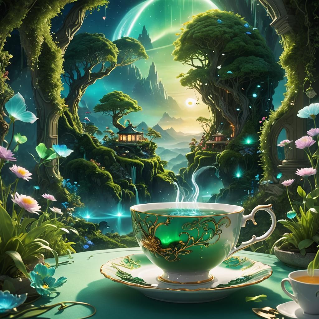 Futuristic Garden in Teacup with Auroras, Digital Matte Pain...