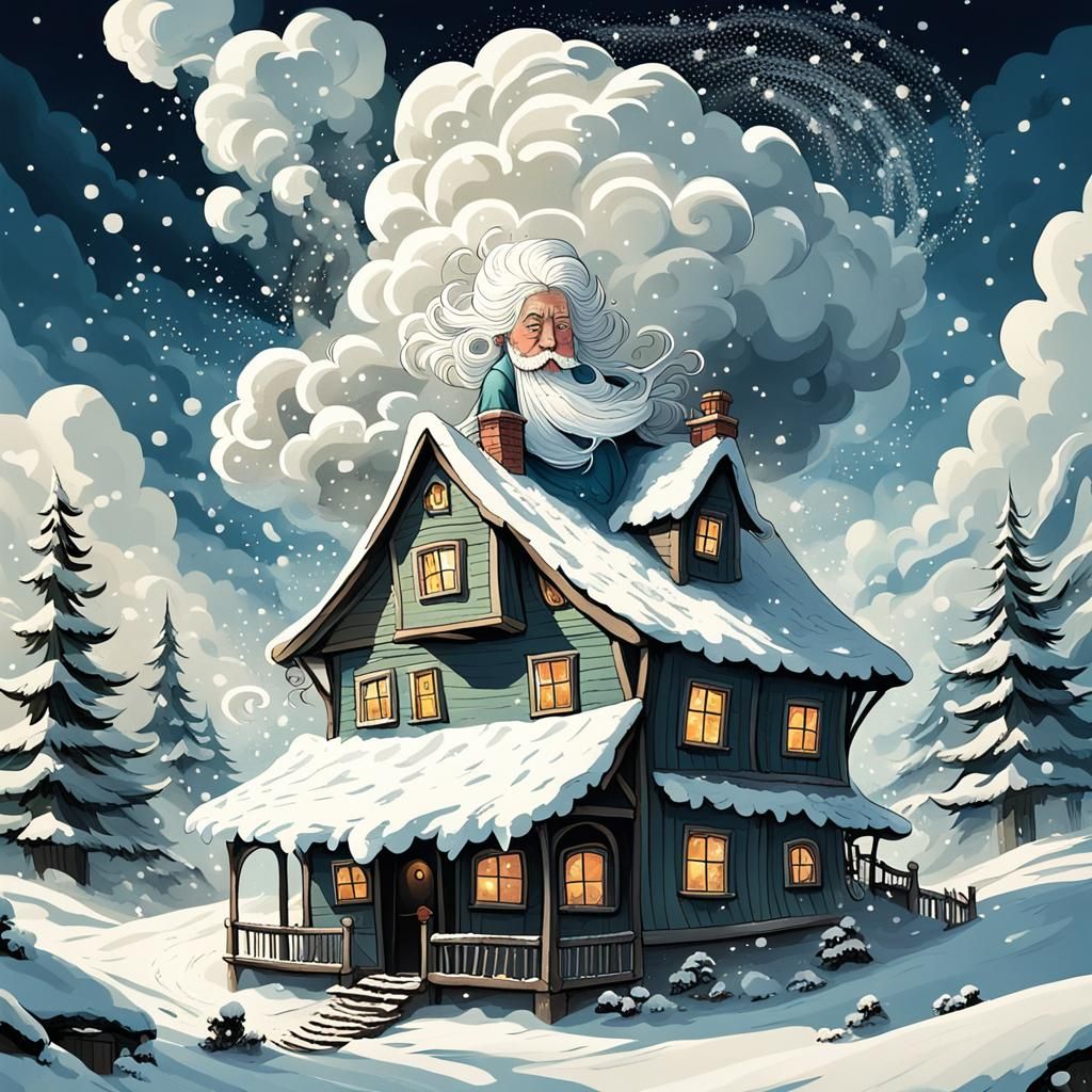 Mother Hulda in Fairytale Illustration with Snowy Cloudscape