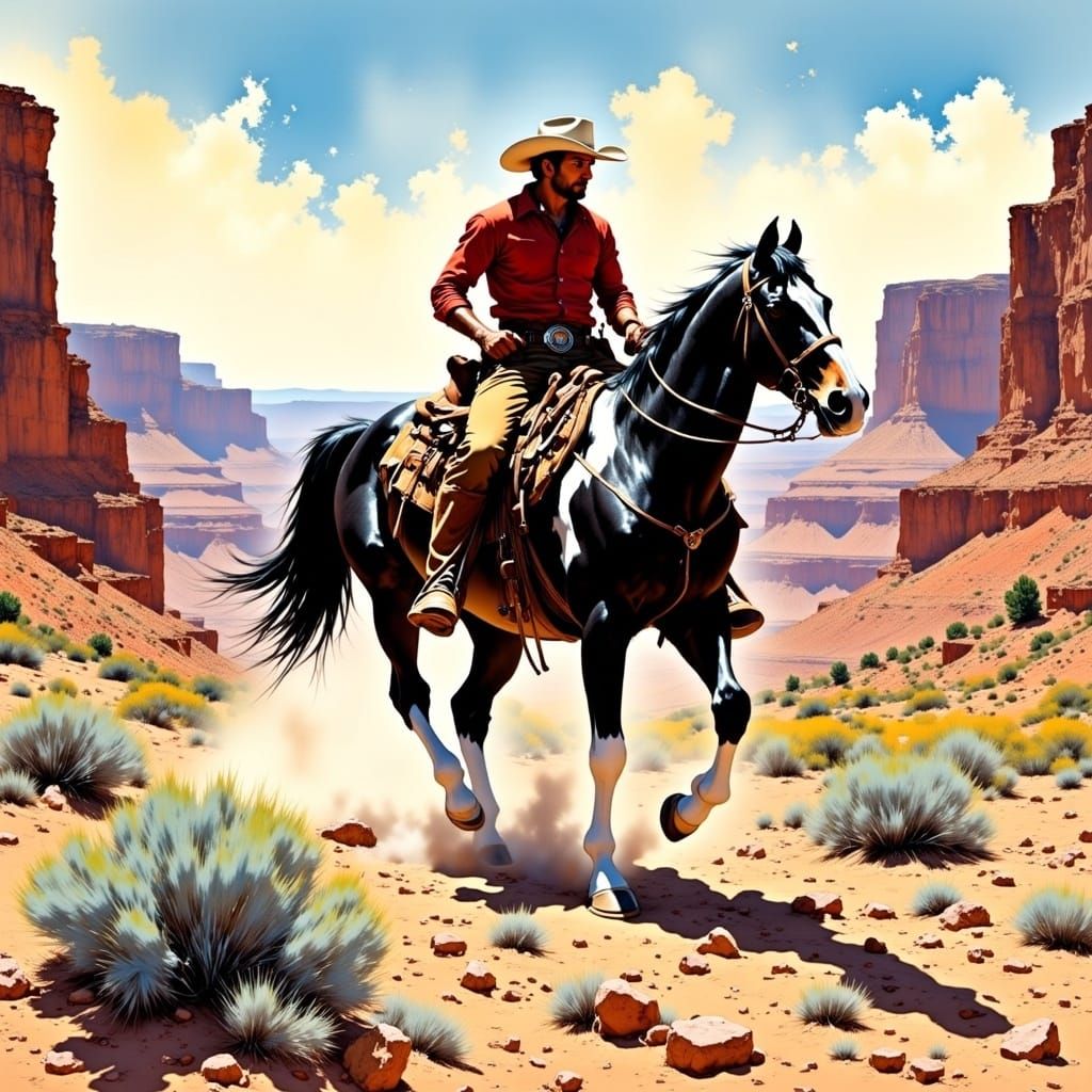 Cowboy Rides Through Desert Canyon in Comic Art Style