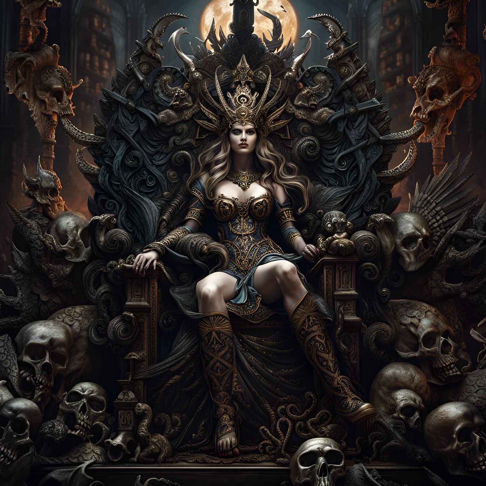 Dark Goddess on Bone Throne, Detailed Fantasy Art