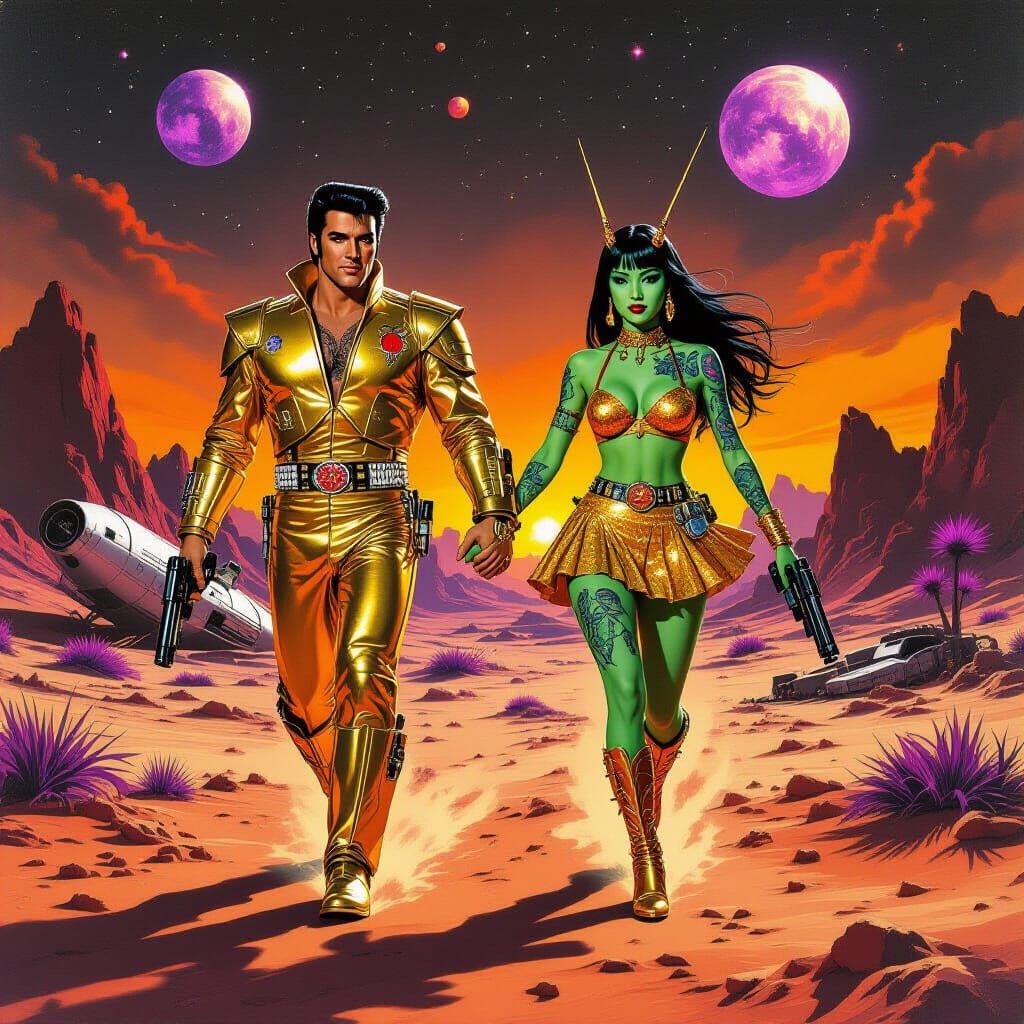 Elvis and Alien Woman on Cratered Planet in Pulp Art Style