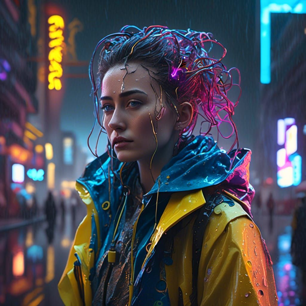 Cyberpunk Protagonist in Rainy Neon Cityscape