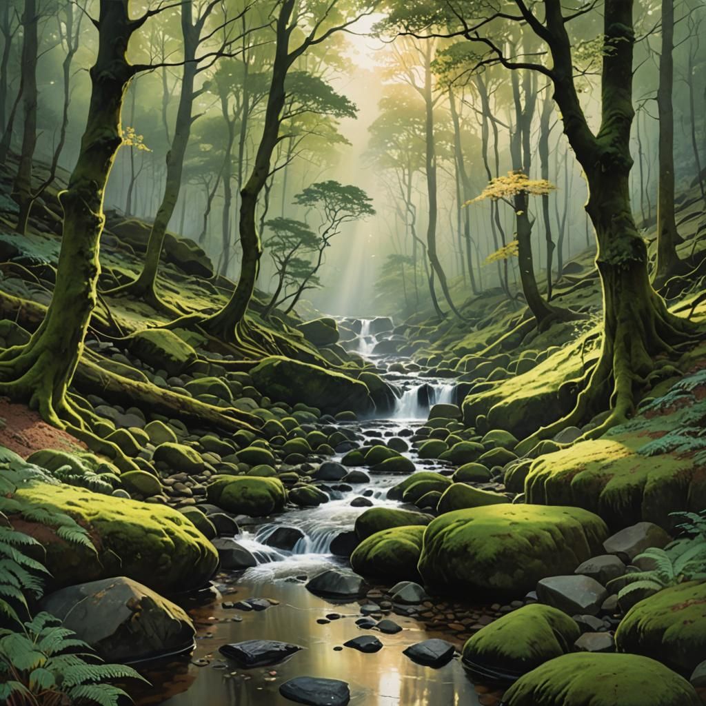 Misty Woodland Glen with Babbling Brook