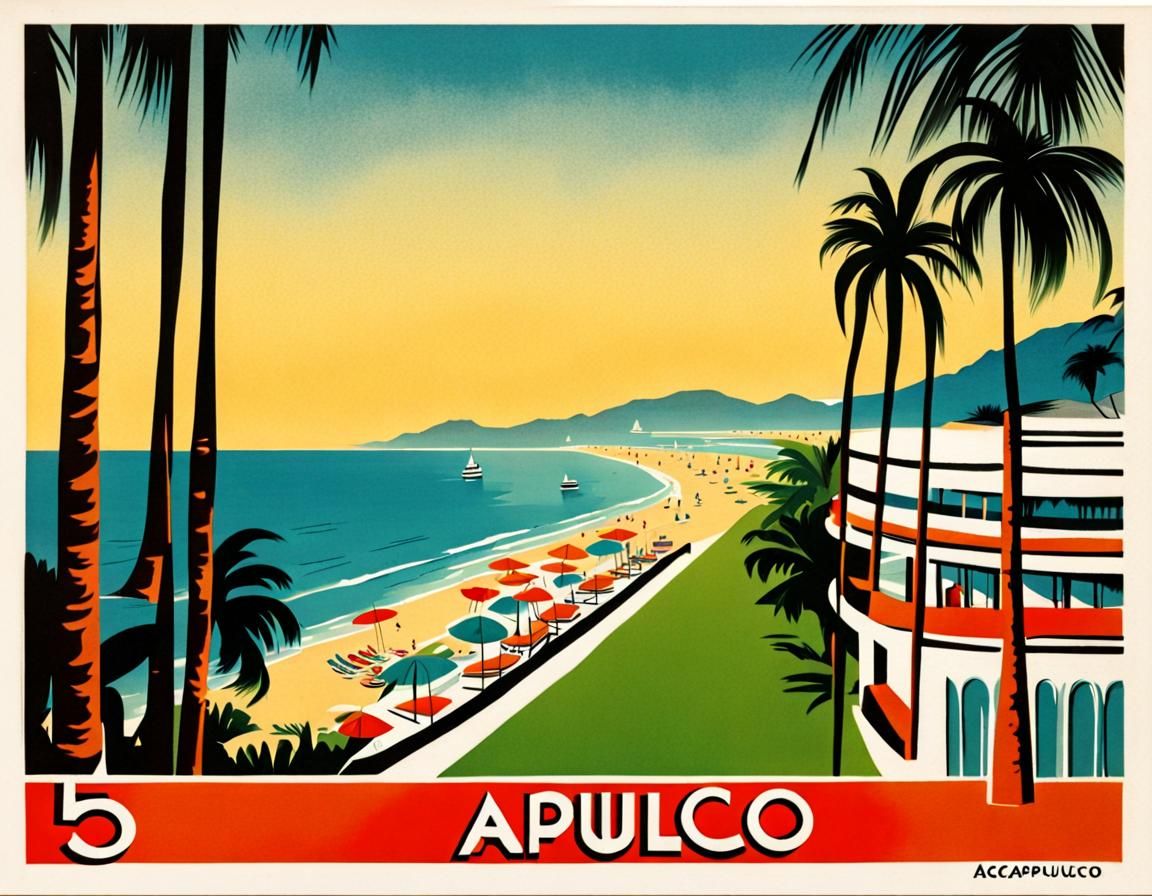 Acapulco Art Deco Postcard in 50s Style