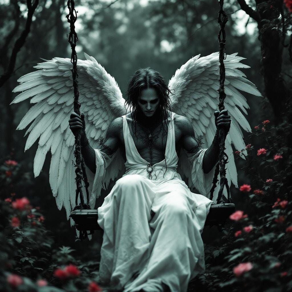 Dark Gothic Angel in Garden Swing
