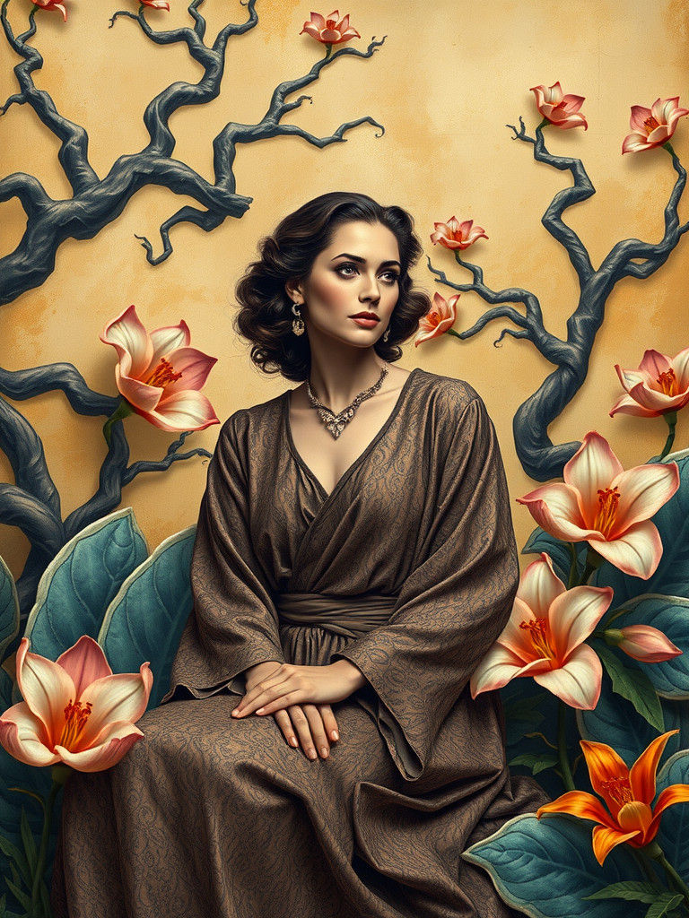 Woman in Exotic Garden: Fornasetti, de Chirico, Dupas Style