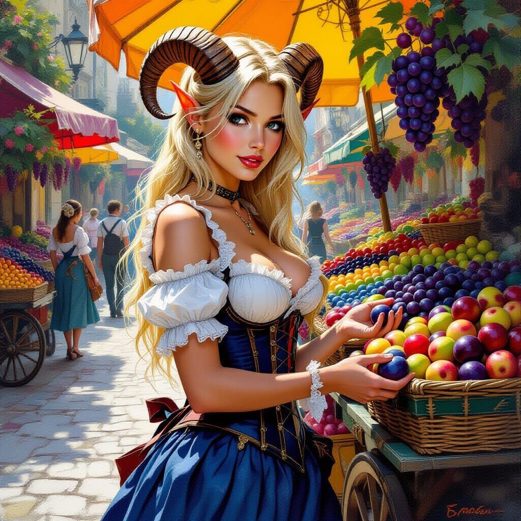Fantasy Woman Shopping for Plums in Oil Painting Style