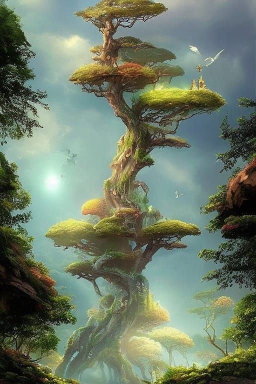 Enchanted Elven Treehouse Village in Fantasy Art