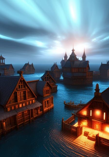 Dark Fantasy Coastal City with Aurora