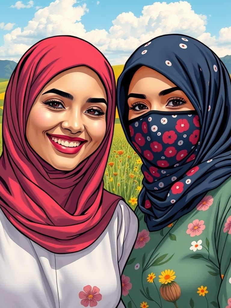 Comic Book Portrait: Hijab-Clad Friends in Summer