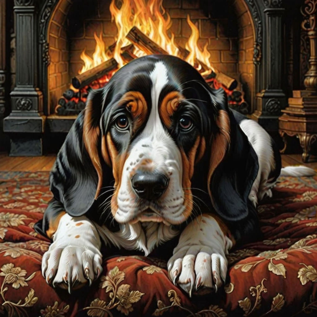 Basset Hound In Front Of Fireplace