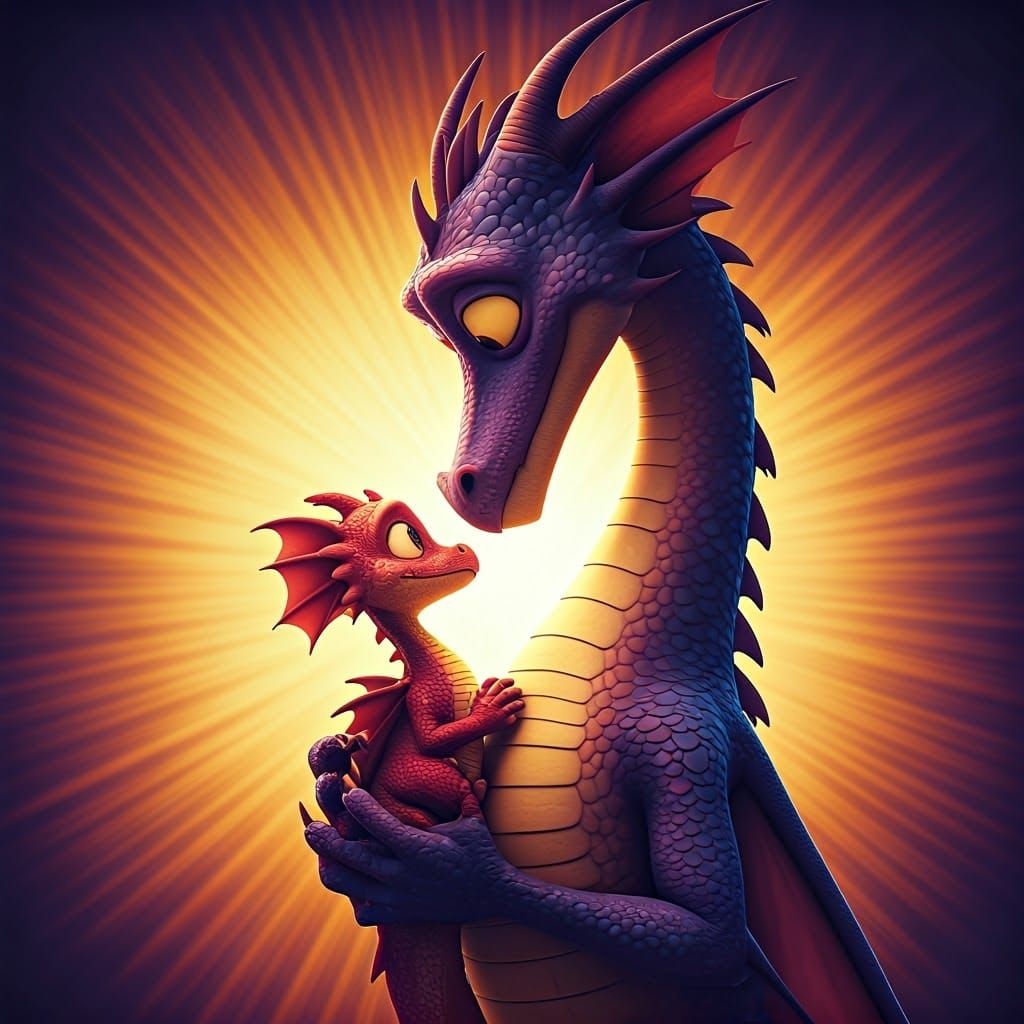 Mother Dragon Holds Tiny Dragon Daughter in Her Arms in Vibr...